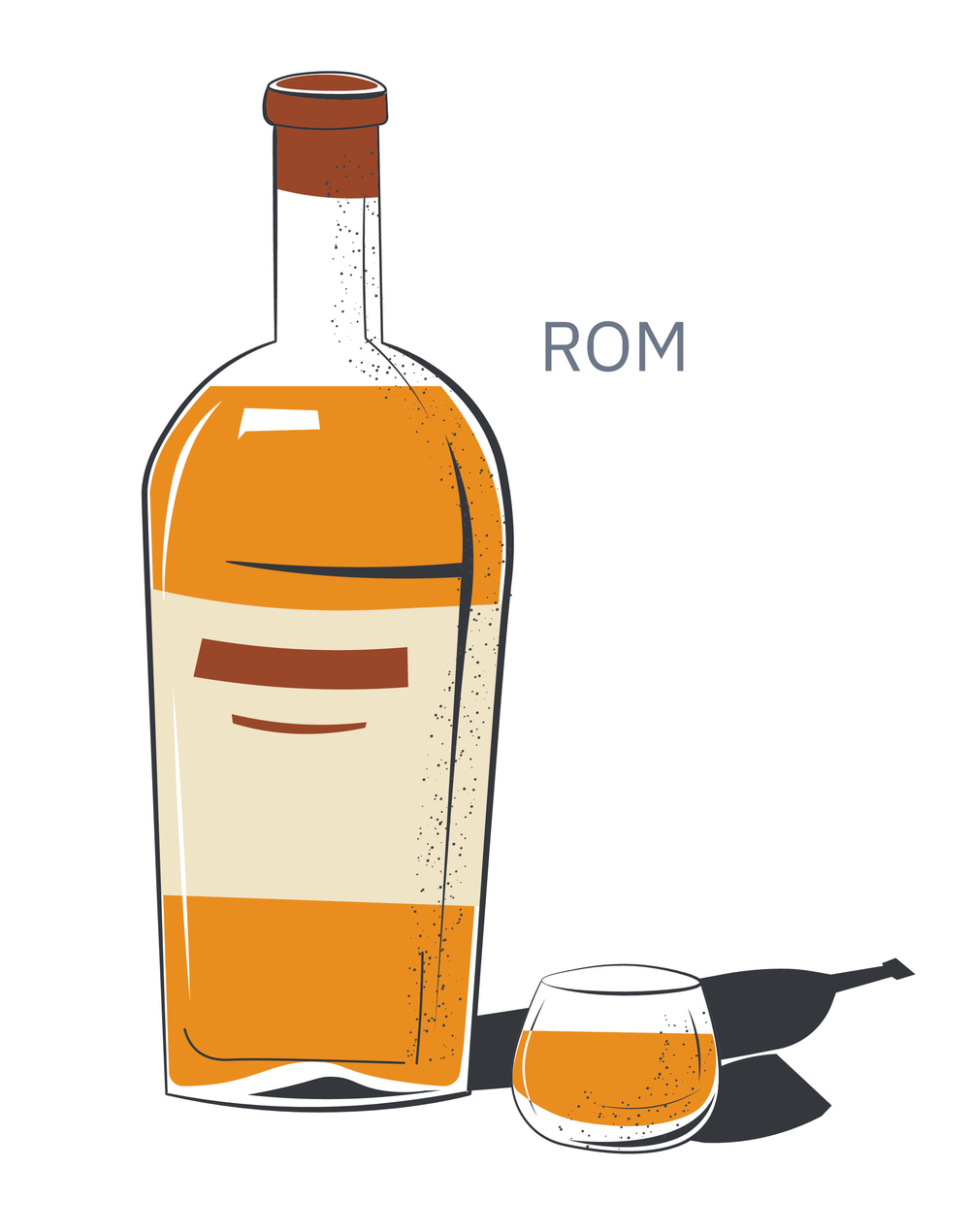 酒精饮料倒入小玻璃杯和带有标签的瓶子里用于酒吧和饮酒场所的产品波旁威士忌或朗姆酒饮料生产餐厅或酒吧的菜单平面样式的向量瓶装和玻璃杯中的朗姆酒酒精饮料矢量图形