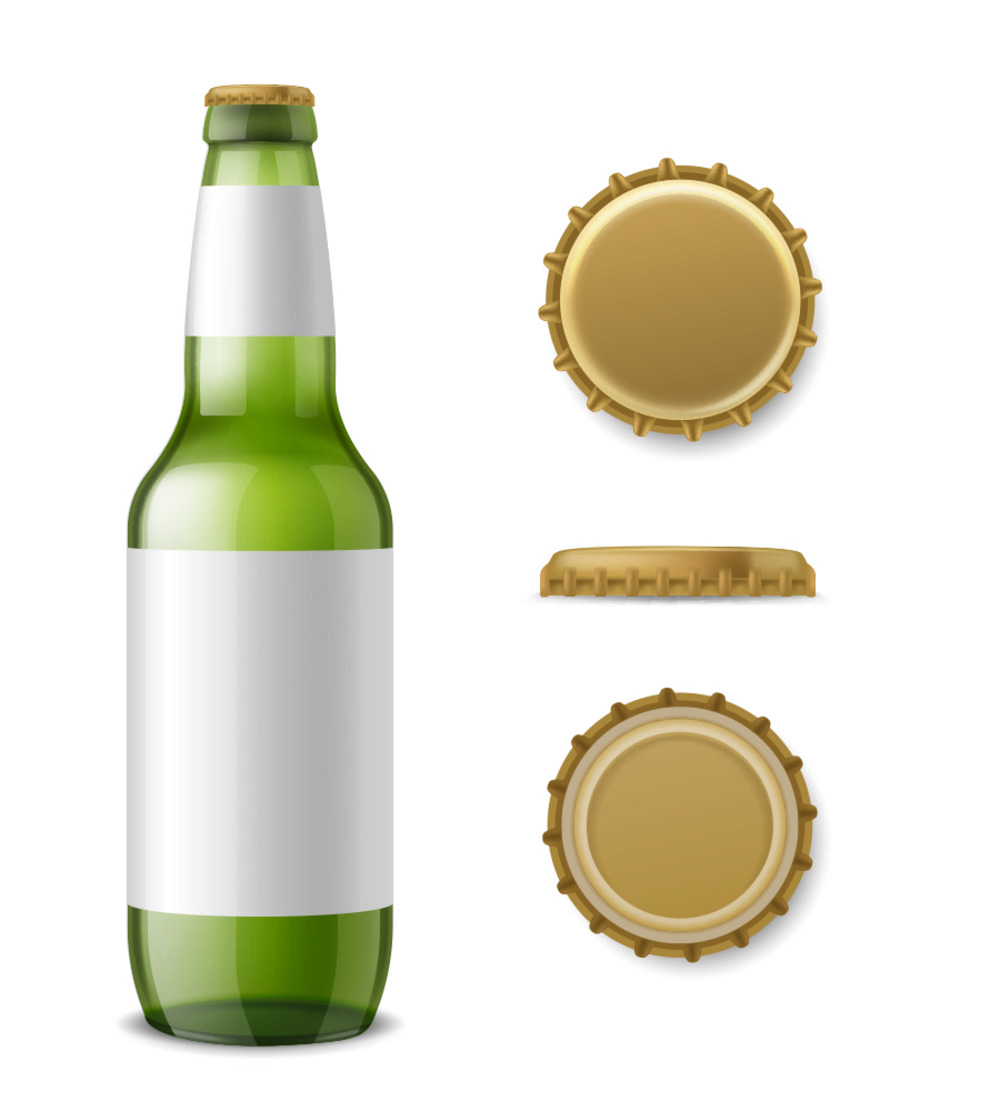 玻璃啤酒瓶样机逼真的3d饮料包装带标签的酒精绿色瓶和不同角度的金属盖用于品牌产品广告模板矢量隔离集的空白容器玻璃啤酒瓶样机逼真的3d饮料包装带标签的酒精绿色瓶和不同角度的金属盖